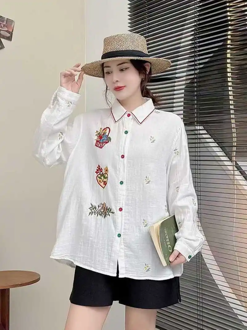 اليابانية الحلو موري فتاة الكرتون الطيور القلب التطريز تي شيرتات قطن المرأة الخريف رفض طوق كم طويل بلوزة غير رسمية