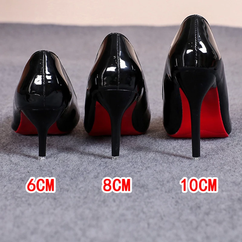 Sexy Red Sole Thin Heel High Heels Classic Style Black Office Work Shoes Patent Leather Matte Leather Lady Pumps Plus Size 42 43