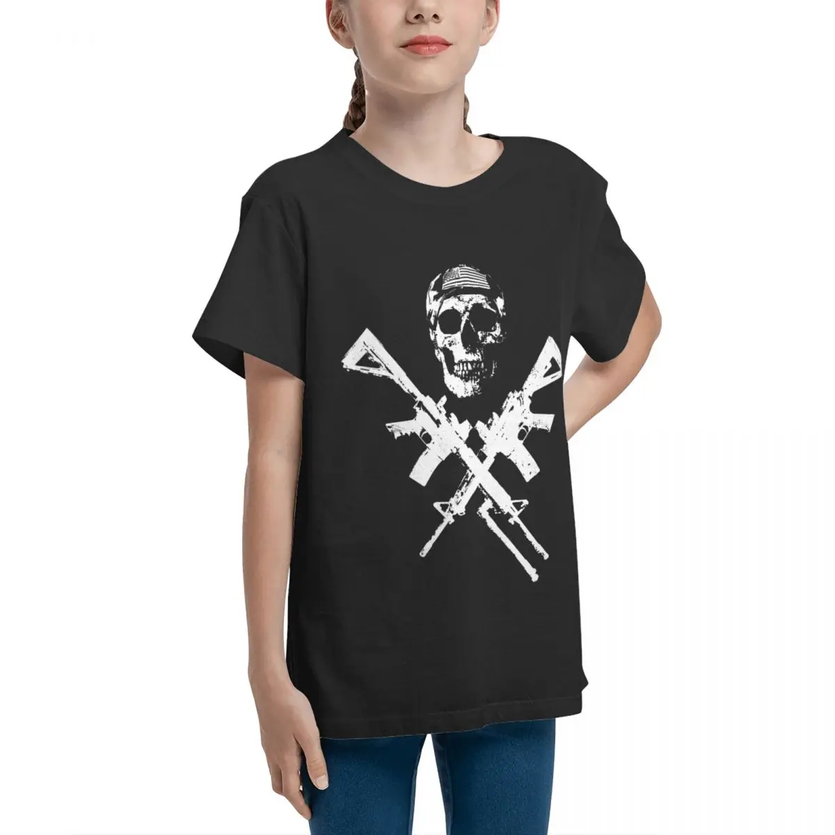 Crewneck Operator Skull Crossed Guns US Flag Hat Premium Adolescents Basic Short Sleeve T-Shirt Top tee Hot Sale Vintage Travel