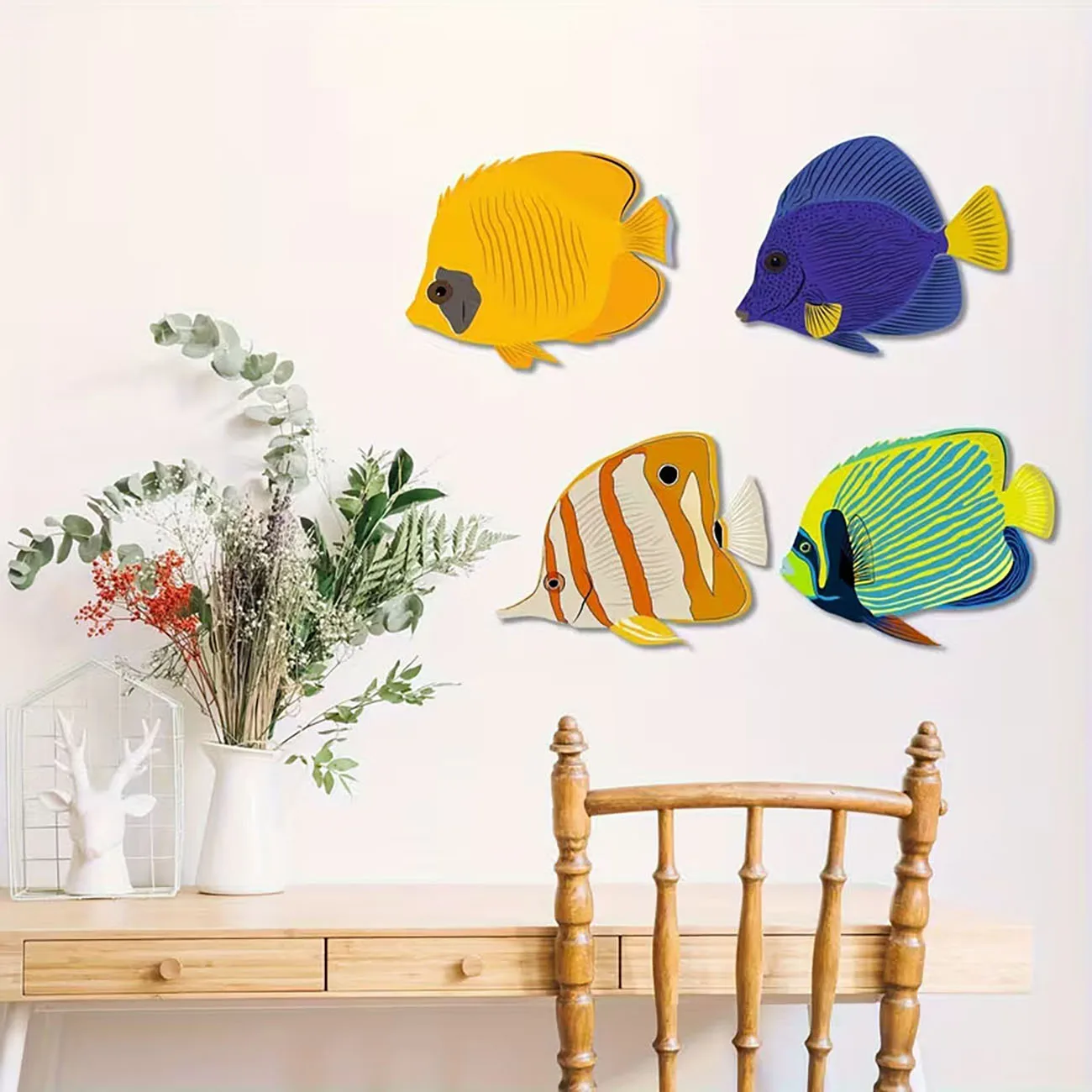 4 Pcs 2D Flat Wooden Tropical Fish Wall Decor Colorful Reef Fish Wall Art With Nano Tape No Drilling Coastal Home Wall Ornament