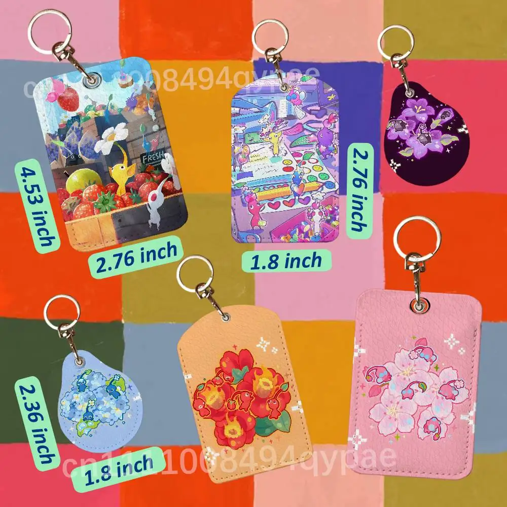 P-Pikmin Bloom 1PCS Leather Card Holder Keychain Door Lock Access Tags ID Card Case Access Card Bag Key Tag Ring