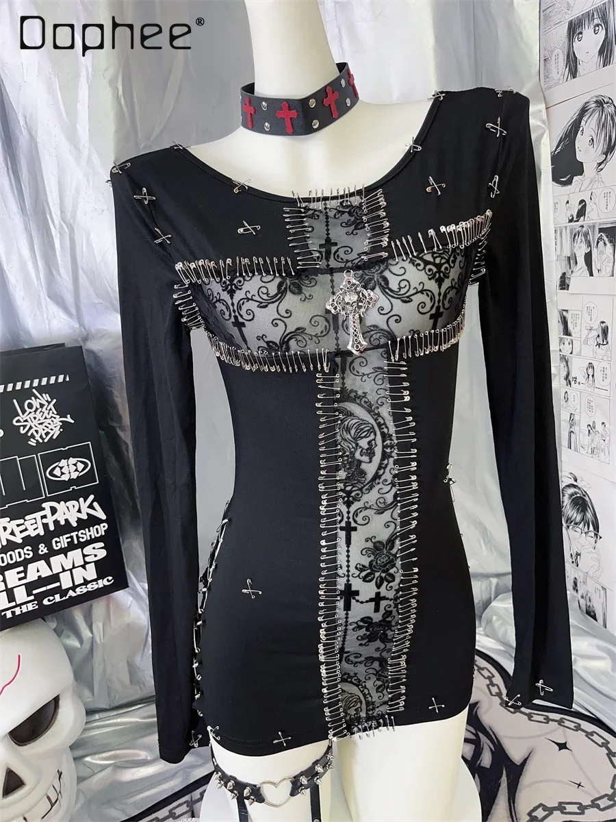 Gothic T Shirt Women Mesh Patchwork Punk Subculture Y2K Long Sleeve Cross Pin Hollow Out Slim Fit Round Neck Bottoming Shirt