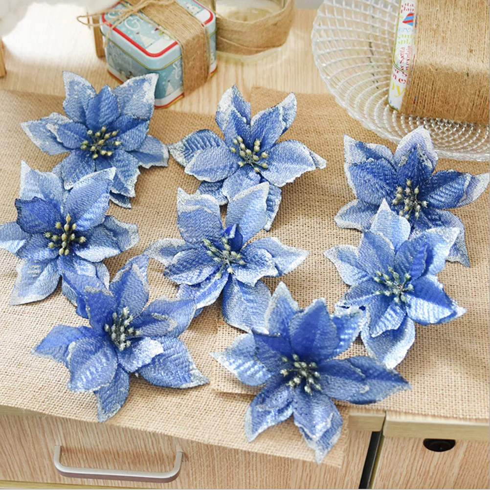 

10Pcs 13Cm Blue Christmas Flower Decor Gliter Artificial Flowers for Tree Wreaths Wedding Events Table Decoration Holiday Scene