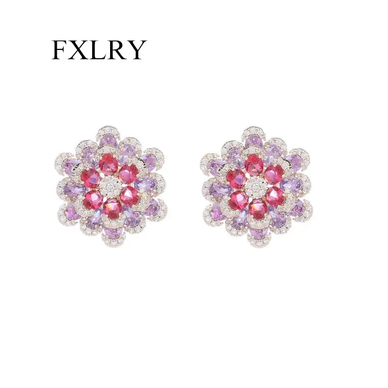 FXLRY High Quality Fashion Blooming Flower Blue Cubic Zircon Big Fancy Geometric Earrings For Women Jewelry