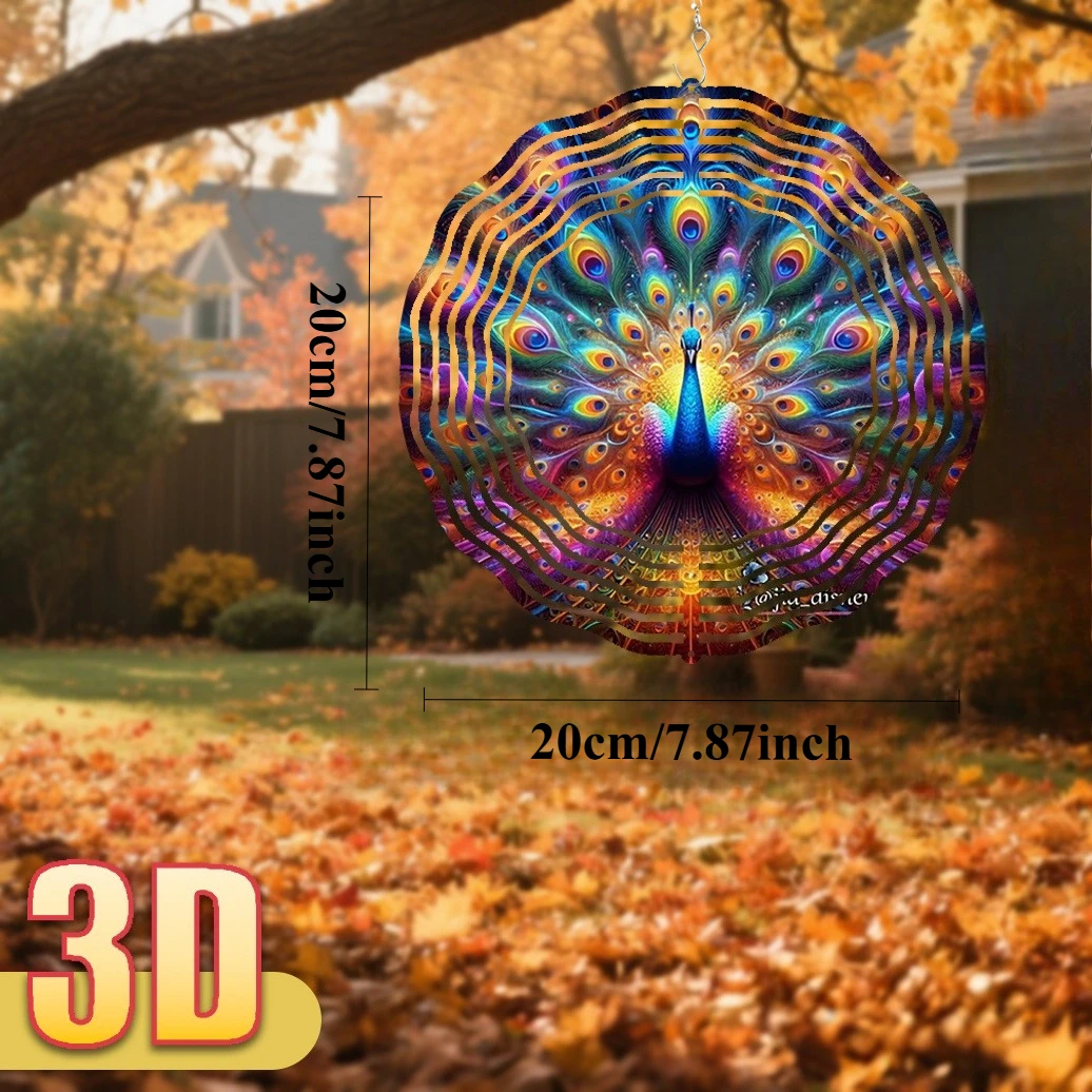 3D 1pc Colorful Peacock Feathers in Vibrant Hues And Patterns  with Rotating Hook, 360° Creative Wind Spinner Chime Combination
