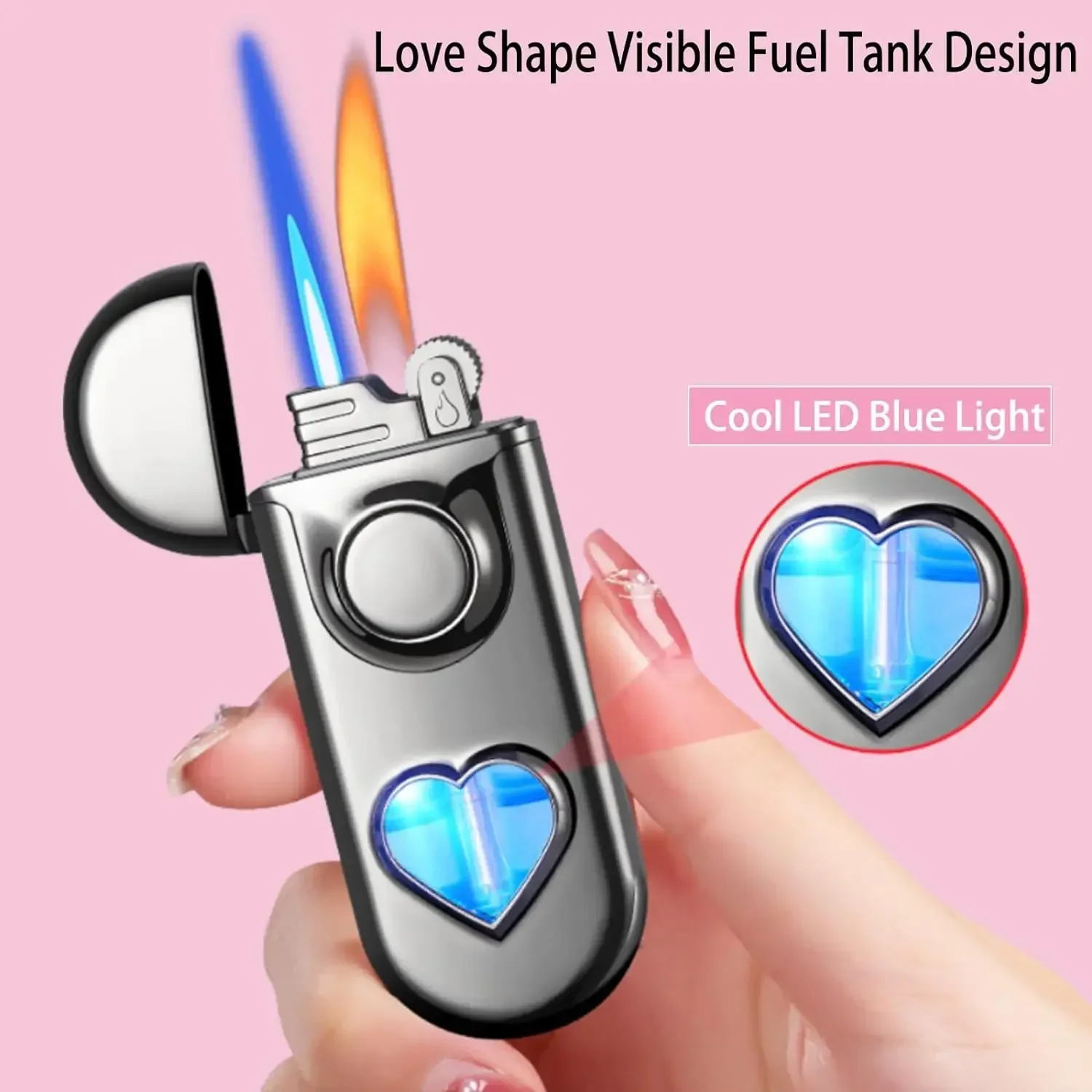 

Dual Flames Unique Fashion Heart Shaped Lighter Visible Butane Gas Torch Lighters Metal Flint Portable Windproof Cigarette Cigar