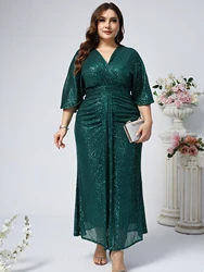 STUNROBES Ladies Plus Size Bat Sleeve Evening Dress 2025 Mid Long Sleeved Sexy V-neck Dance Party Shiny Elegant Long Party Dress