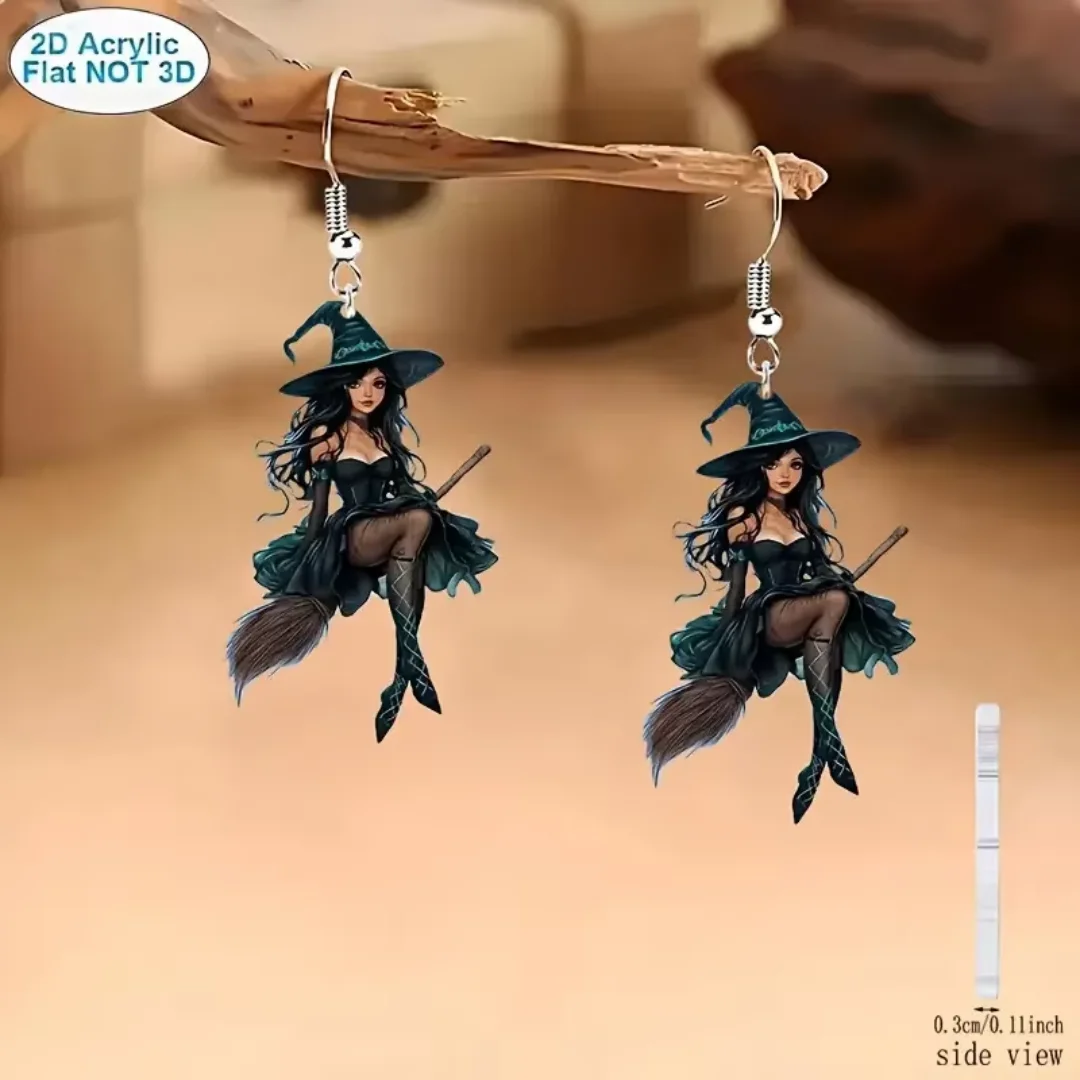 1 pair of 2D acrylic Halloween witch earrings, dark creative design, elegant and sexy cartoon magician earrings gift