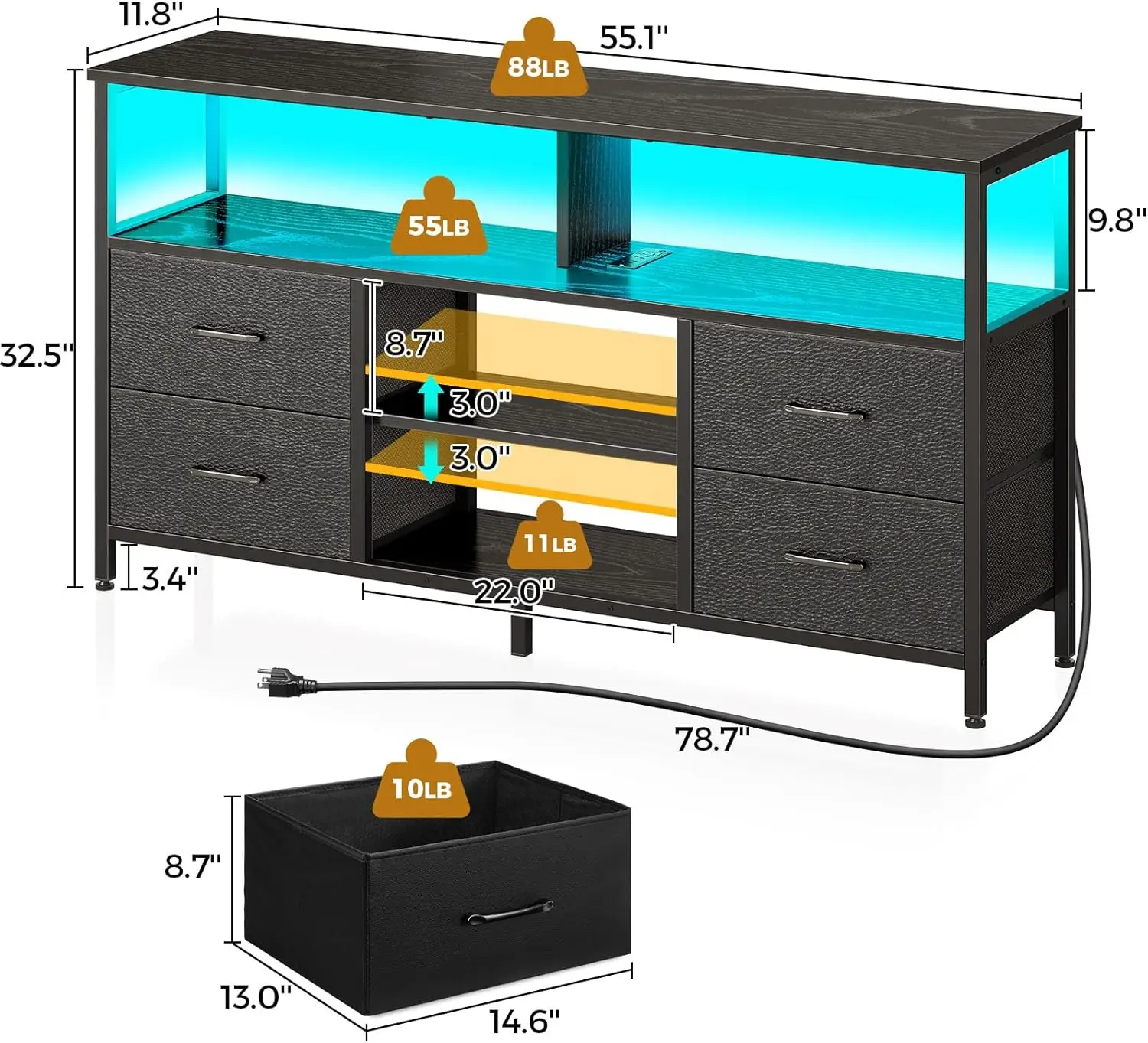 NEW TV Stand with Power Outlets and LED Light, 4 Fabric Drawers Entertainment Center for 32/45/55/65 inch TVs,Black image 5