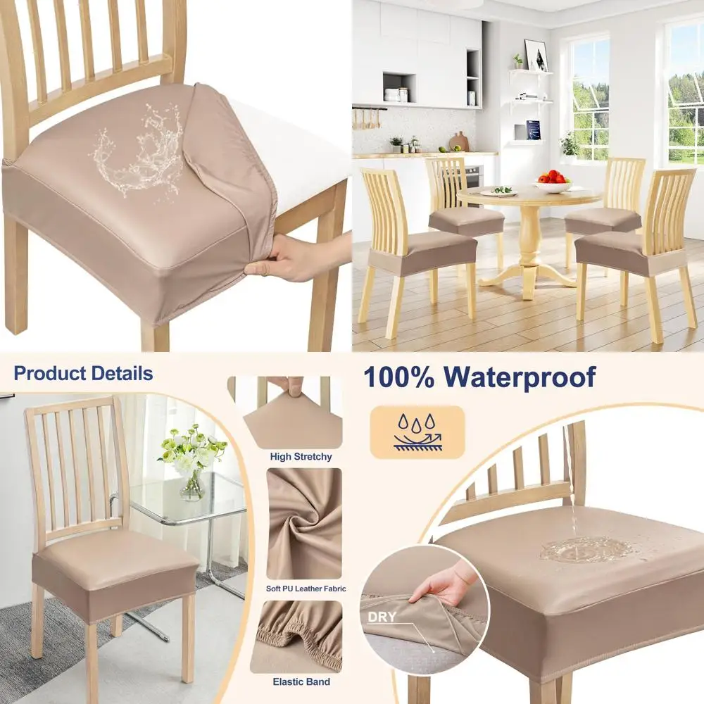 

Waterproof PU Leather Dining Chair Seat Covers, Set of 8, Stretchy Removable Washable Slipcovers, No Back Covers, Khaki