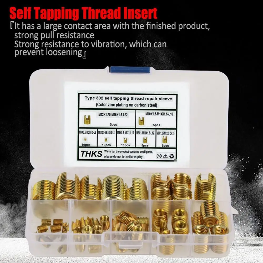 50pcs Brass Self Tapping Inserts M3-M12 Gold Threaded Inserts Kit Storage Case Carbon Steel Brass Slotted Thread Inserts