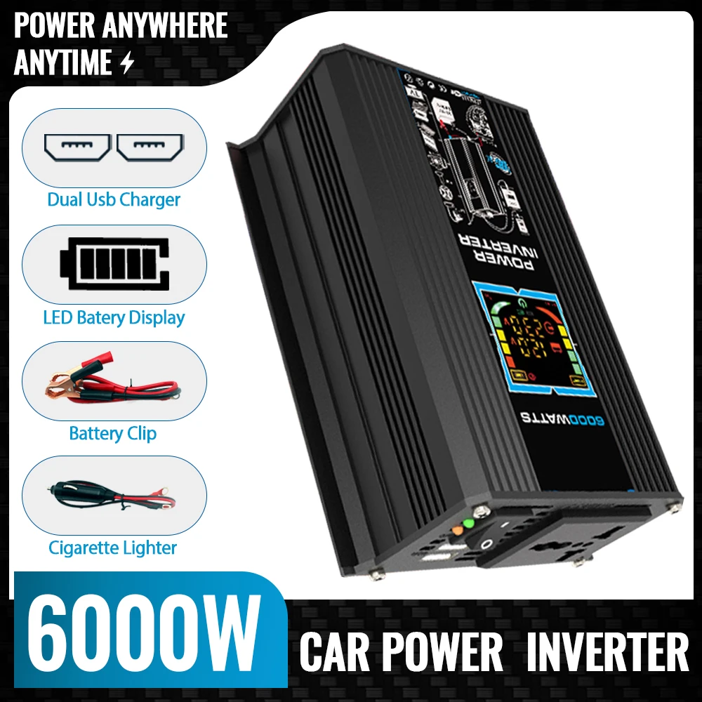 6000W Inverter DC 12V to AC 110V / 220V Vehicle Solar Power Inverter with Dual USB Digital Display For RVs and Small Appliances