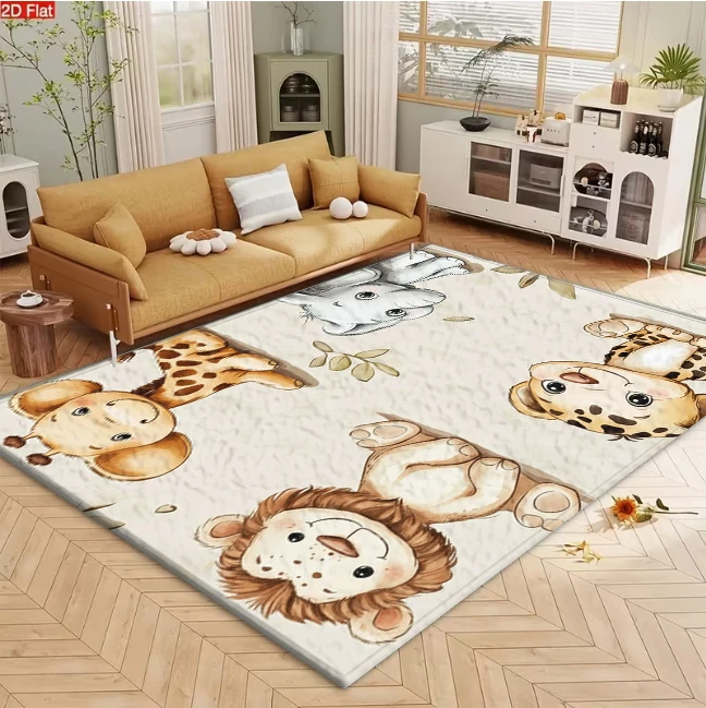 Cute Safari Animals Giraffe Elephant Lion Leopard Print Carpet Flooring for Kids Room Nursery Play Area Non Slip Washable Floor Mat