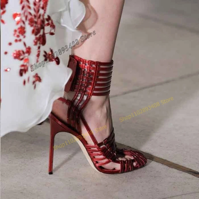 Red Color Buckle Strap Hollow Sandals Round Toe Hook and Loop Thin High Heel Women Shoes 2023 Fashion Sexy Zapatos Para Mujere