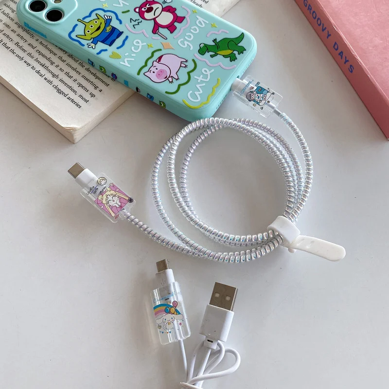 Disney Anime Stitch Data Cable Protection Cover Kawaii Minnie Mouse Lotso Creative Transparent Data Cable Protective Gifts