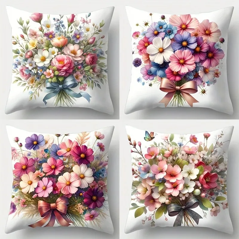 Home Decor Colorful Floral Bouquet Bow Decorative Pillow Pattern Cushion Cover Suitable for Sofa Bedroom Car Pillow Cover