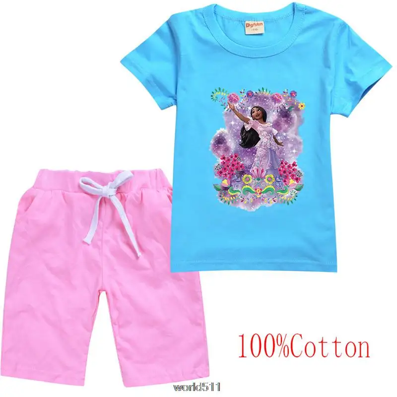 Hot Fashion Baby Girl Cotton Clothes Set Tshirt+Shorts Summer Encanto Mirabel Kid Tracksuit Short Sleeve Baby Clothes 1-15Y