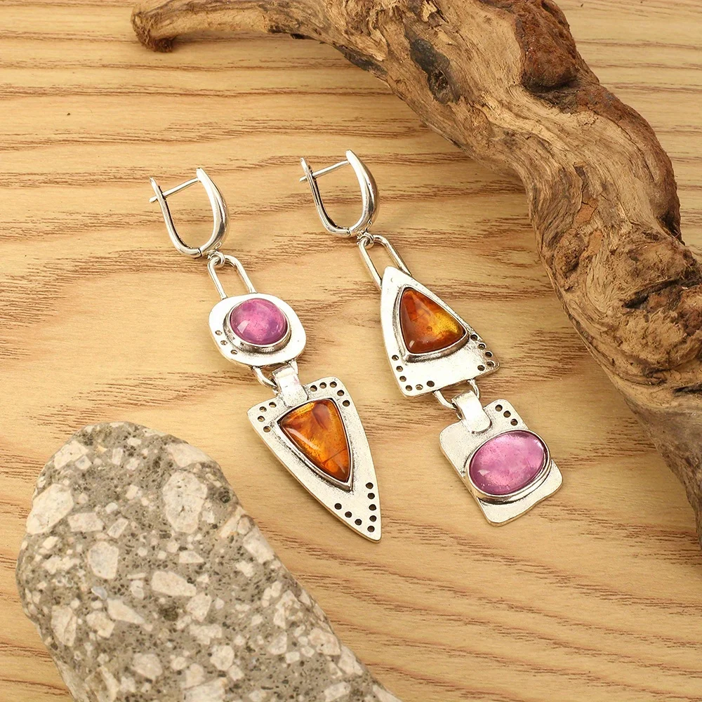 Geometric Punk Simple Pendant Earrings, Vintage Inlaid With Orange And Purple Gems, Suitable For Women\'s Banquet Memorial Gifts
