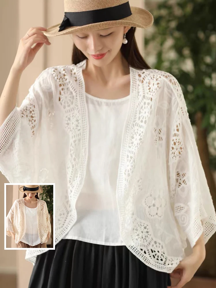 

Pure Color Heavy Work Hooked Hollow ort Jaet Large Size Women's Batwing Sve No Button V-Ne Sweet oulder Open Cardigan