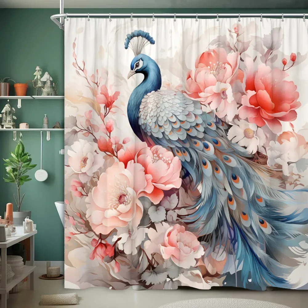 Peacock Shower Curtain Tropical Botanical Animal Flower Farm Oil Painting Landscape Polyester Fabric Bathroom Decor Curtains Set