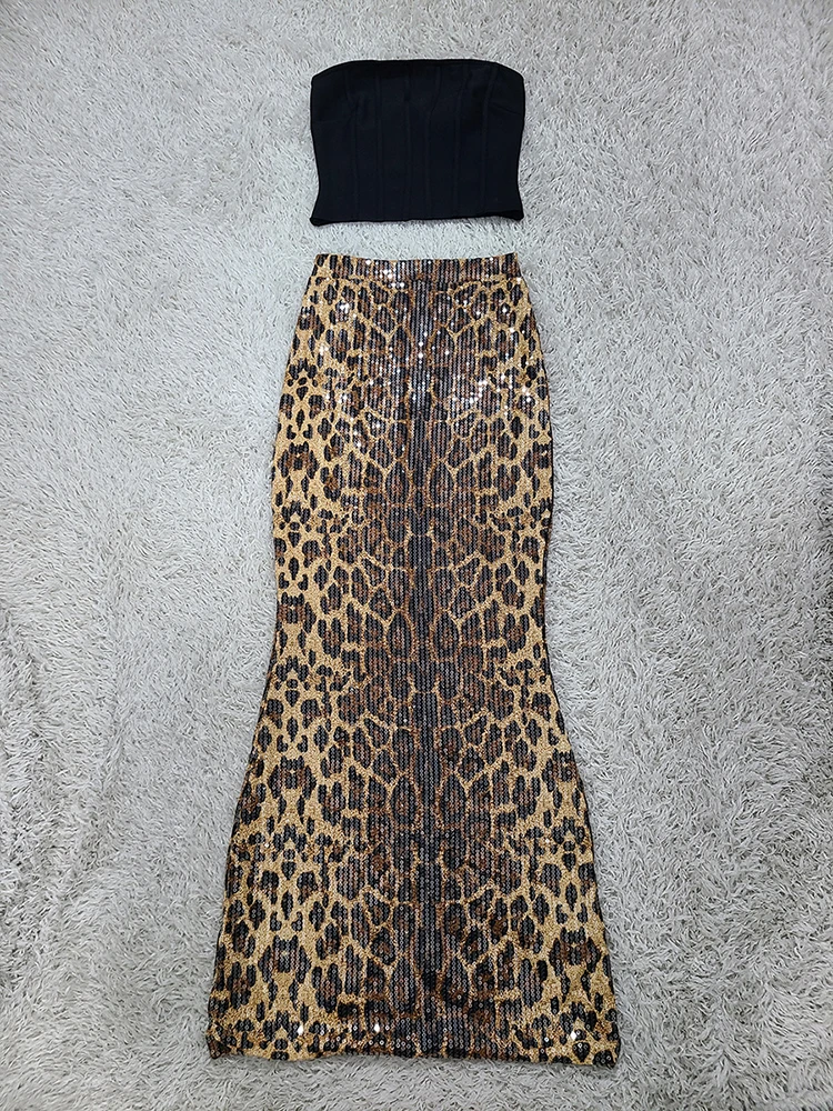 Women Leopard Skirt Two Piece Sets Sexy Black Strapless Corset Top + Sequins Leopard Long Skirts Suits Evening Cocktail Suits view 3