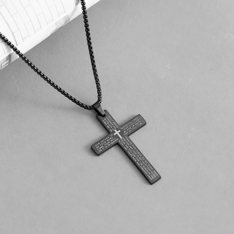 Bibel Jesus Kreuz Halskette, modische Edelstahl-Schriftanhänger-Halskette für Damen und Herren, Retro religiöser Gebets-Party-Schmuck – Detail 5