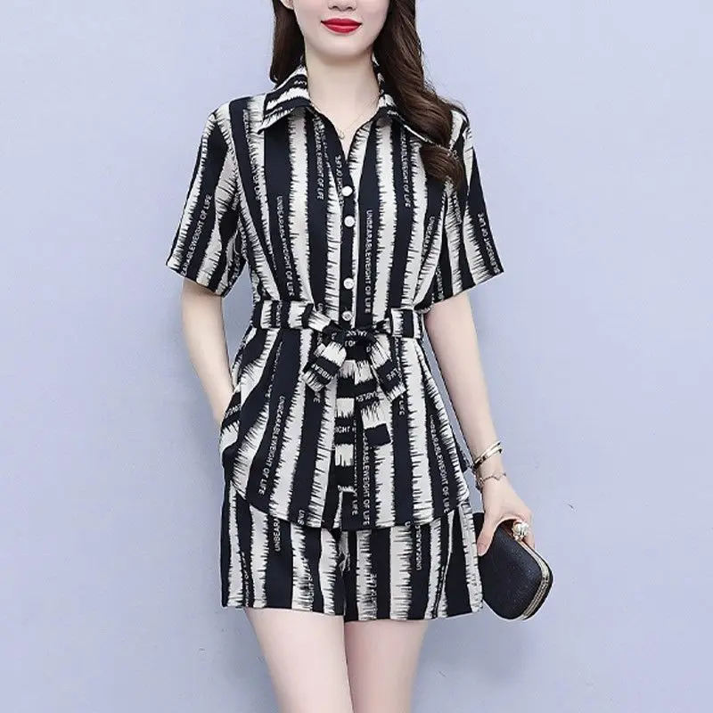 Women\'s Clothing Casual Printed Short Sets Two Piece Set Chic Waist Drawstring Summer Single-breasted Short Sleeve Matching Sets