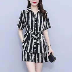 Women's Clothing Casual Printed Short Sets Two Piece Set Chic Waist Drawstring Summer Single-breasted Short Sleeve Matching Sets