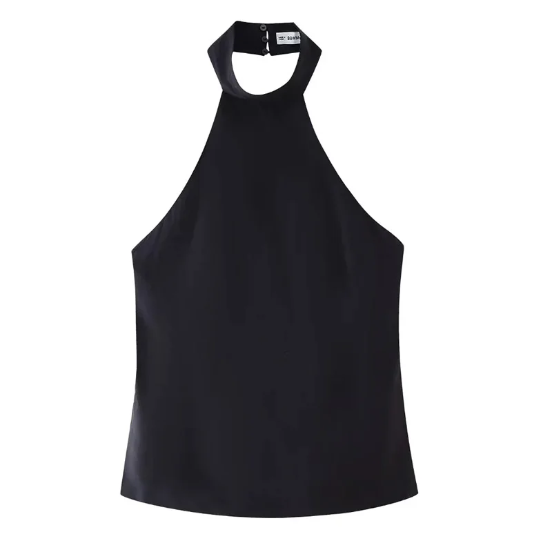 TRAF Halter Black Crop Top Woman Summer Off Shoulder Tank Tops For Women Streetwear Buckle Backless Top Sleeveless Short Tops