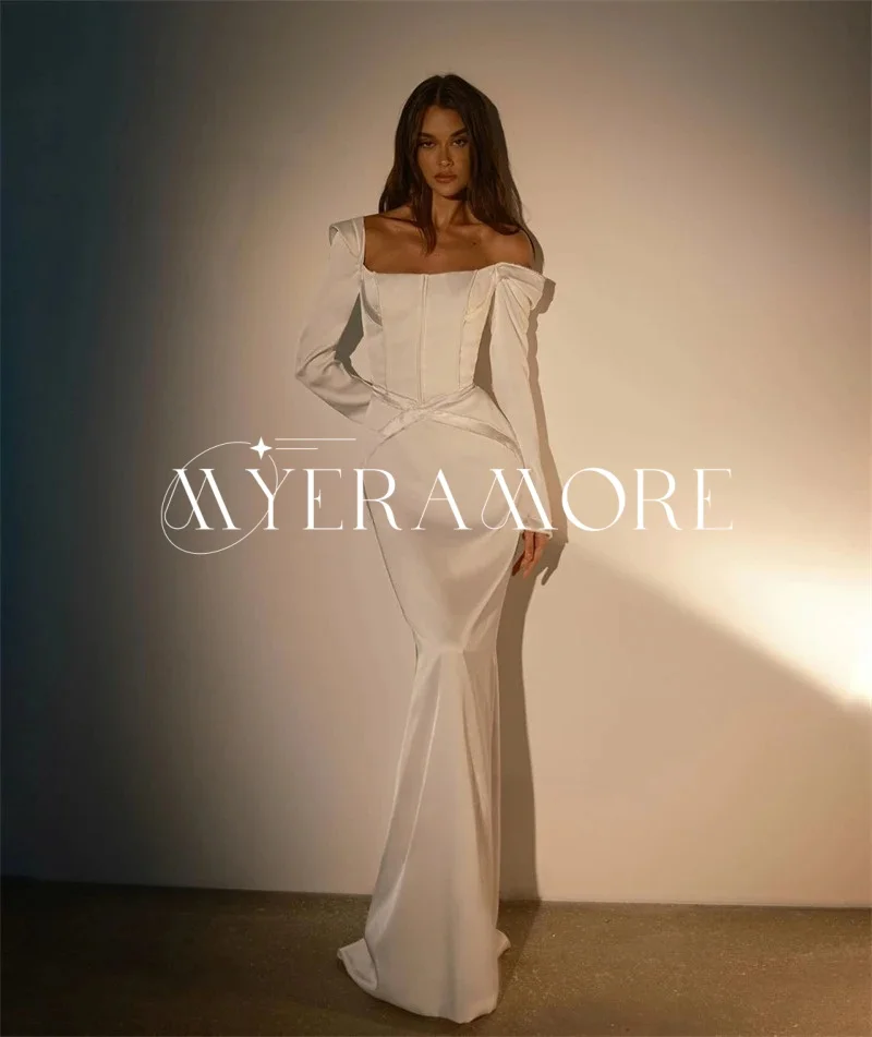 ชุดแต่งงานสไตล์นางเงือกสมัยใหม่ ปี 2025 ผ้าซาติน แบบเปิดไหล่ แขนยาว ยาวกรอมพื้น ชุดเจ้าสาวสั่งตัดได้