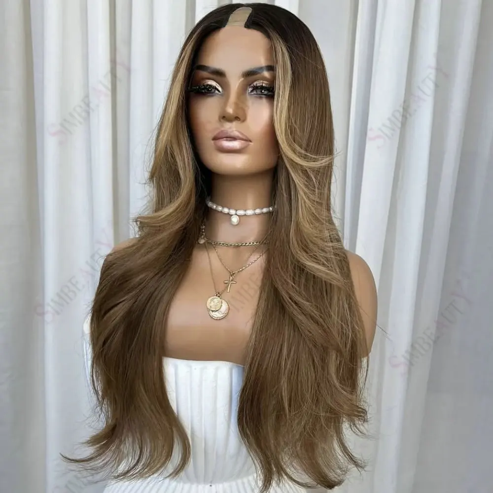 

Glueless1x4U Part Wig Human Hair Dark Roots Balayage Dark Ash Blonde Natural Straight V Part Wig Virgin Human Hair Wig for Women