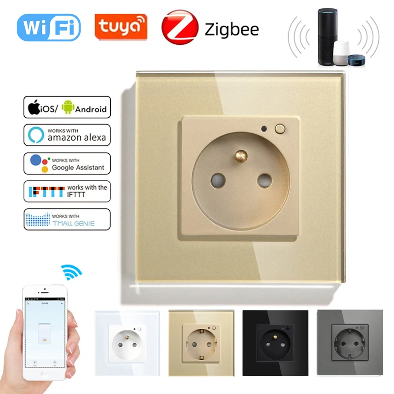 Zigbee French 16A Eu Standard Graffiti WIFI Smart App Voice Control Wall Socket 86 Type  Glass Remote Control Conjoined Socket