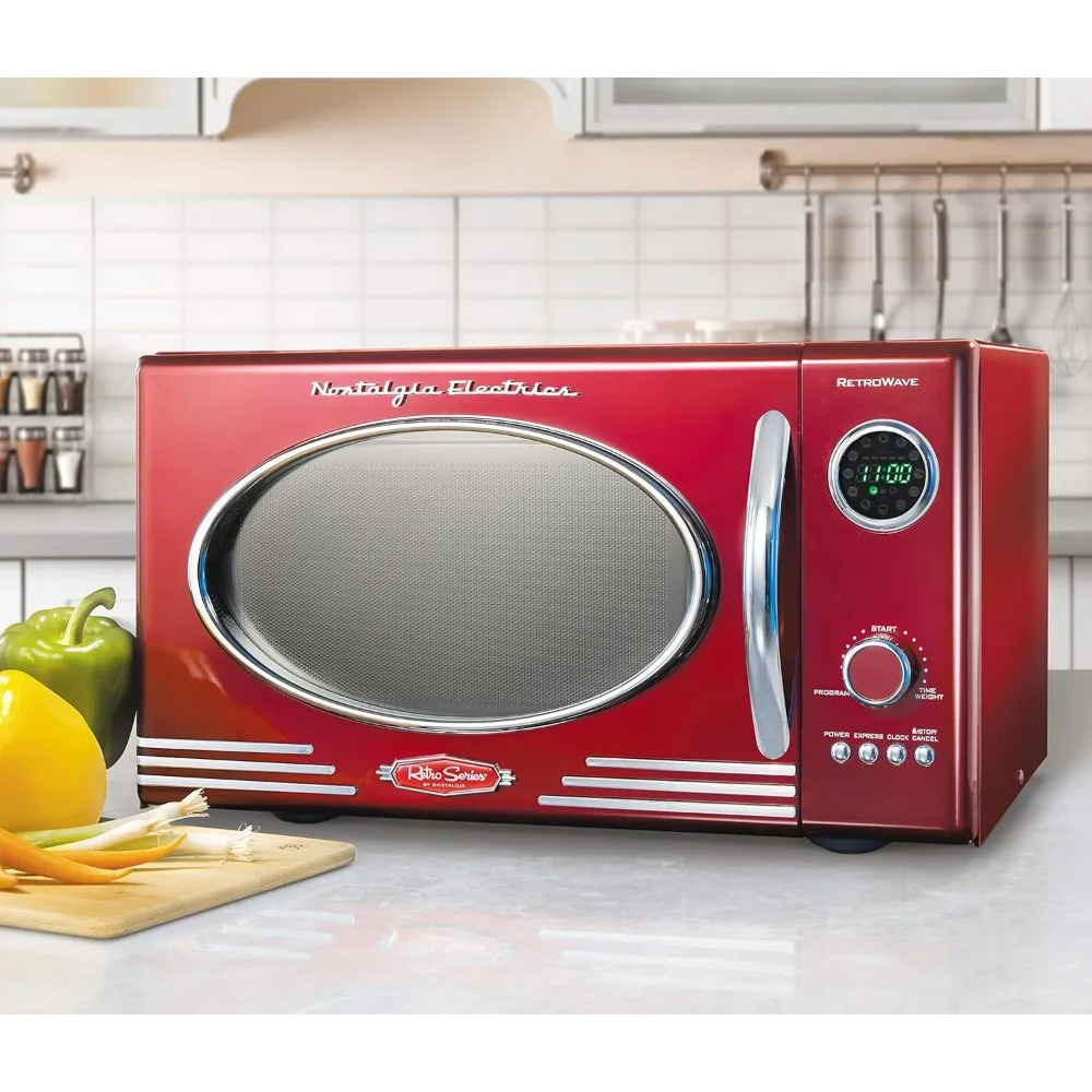 Retro Large 0.9 cu ft Countertop Microwave Oven, 12 Pre-Programmed Cooking Settings, Digital Clock,Metallic Red