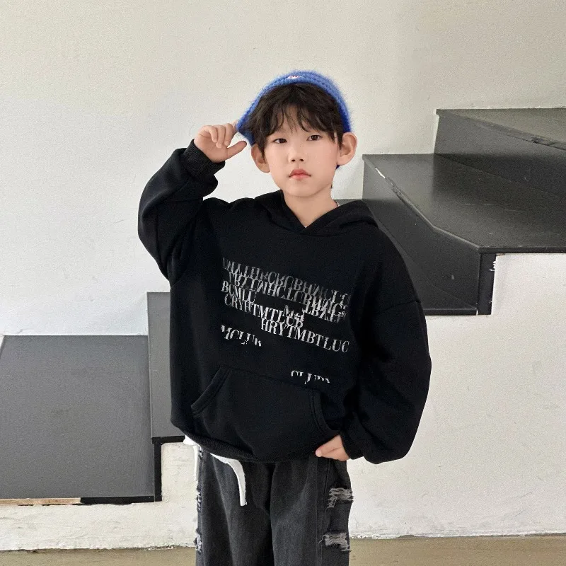 

Boys' Hooded Loose Fleece Hoodie for Autumn and Winter 2025 New Children's Top Casual Thick Long Sleeved Base Hoodie