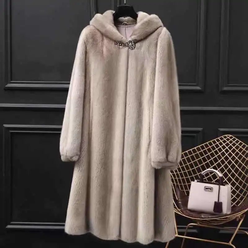 

Women's Autumn Winter Faux Mink Fur Hooded Jacket Luxury Commute Style Long Sleeve Thickened Mid-Length Rabbit Fur Coat