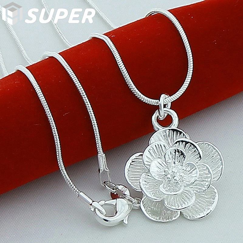 

925 Sterling Silver Rose Flower Pendant Necklace 18/20-24/26/30 Inch Snake Chain For Women Wedding Engagement Jewelry