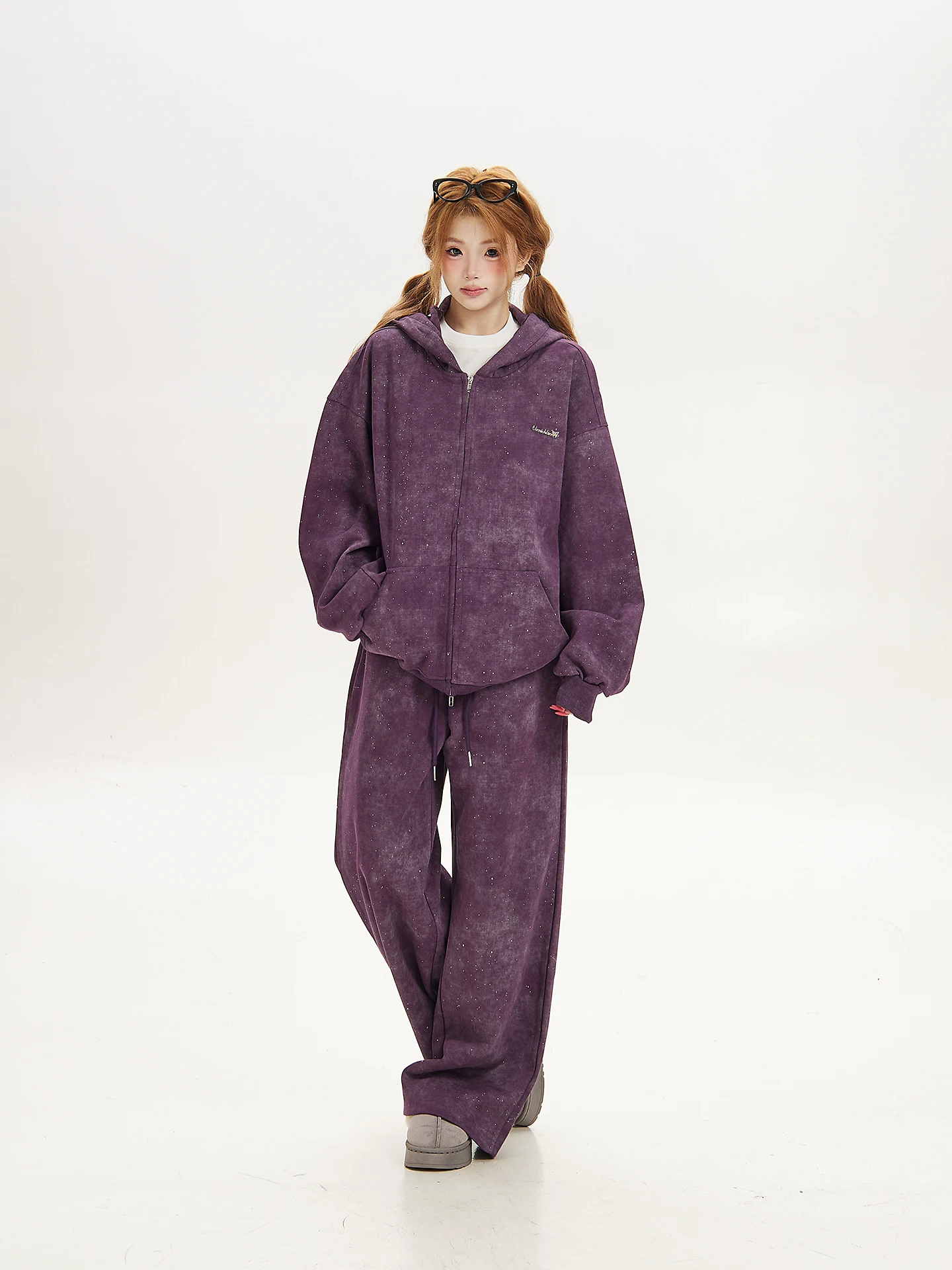 Lazy Relaxant Ant And Rabbit Ear Hoodie Jacket Women Loose Casual Style Outfit Set Cotton Polyester Blend Long Sleeve Zipper