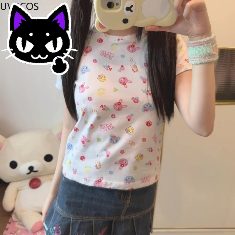 2025 misa hot sale Sweet Crop Tops Lolita T-shirt Women Y2k Aesthetic Cartoon Bunny Print Summer Tees Japanese Grunge Harajuku F