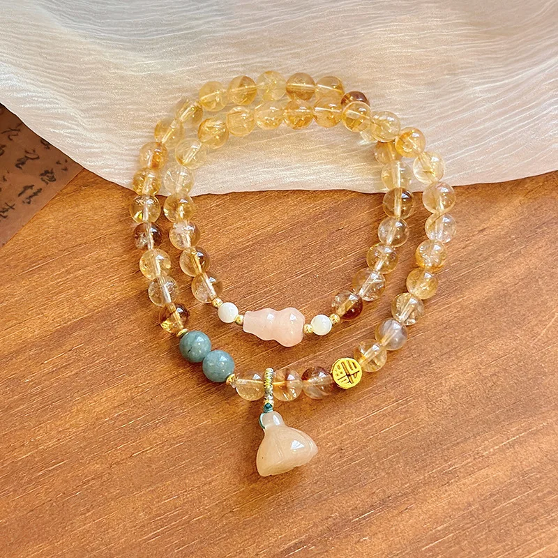 

Двойной круг, натуральный желтый женский браслет из тыквы и лотоса с кристаллами, высококачественный новый браслет в китайском стиле для женщин, ручная строка