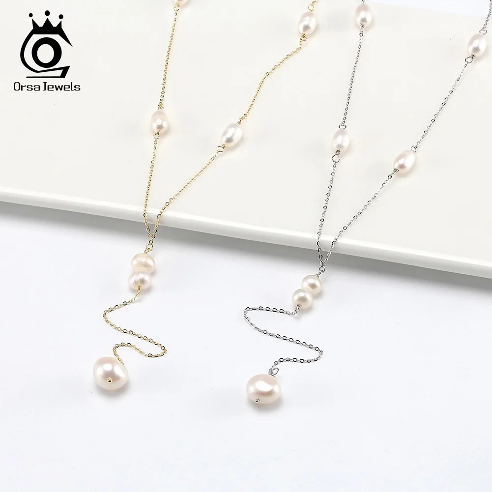 

ORSA JEWELS Layer Y-Shaped Chain Necklace 925 Sterling Silver Long Chain Real Freshwater Pearls Y Shape Choker Chain Gift BQN17