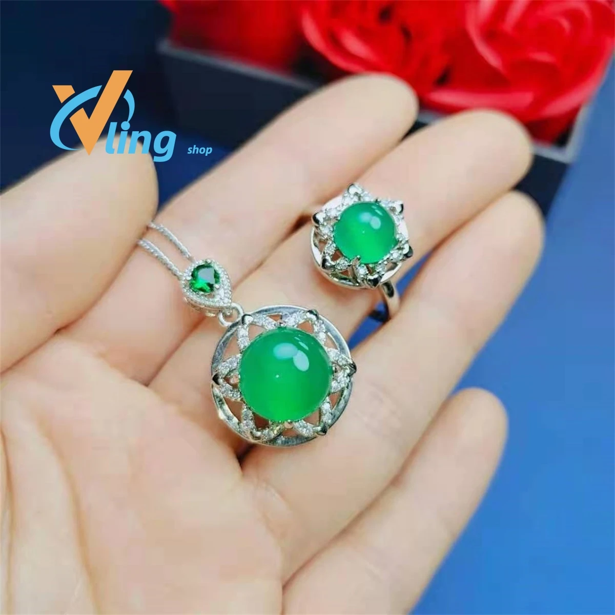 Wholesale High Ice S925 Silver Inlaid Green Jade Chalcedony Beads Pendant Women's Ring Two-Piece SetJewelry Exquisite Fashion