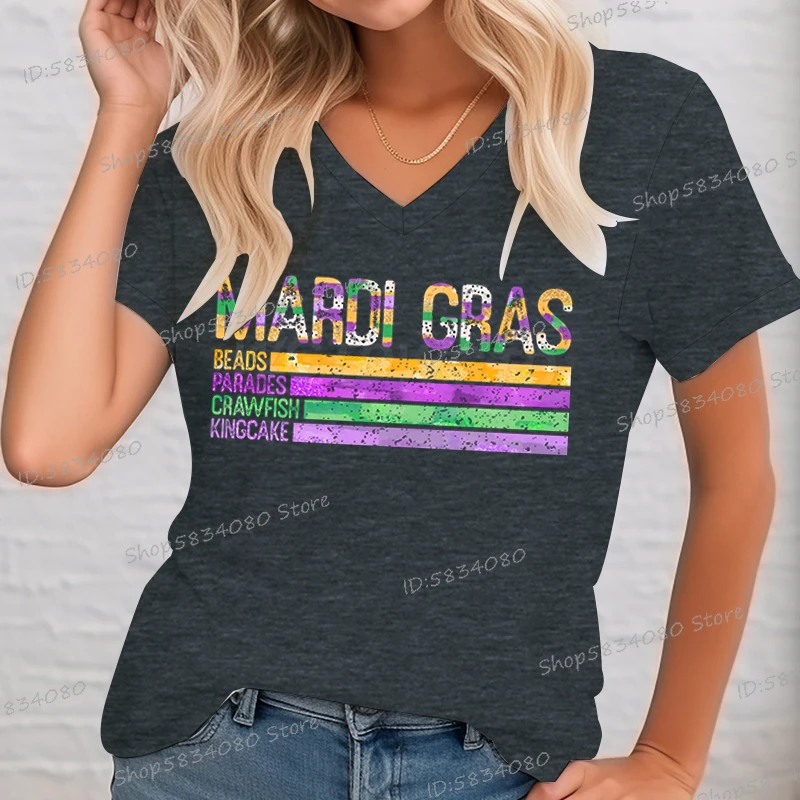 Casual Mardi-Gras Women's Festival T-shirt Beads Parades Crawfish Kingcake Print V Neck Vintage Tops Fashion Mardi Gras Clothing