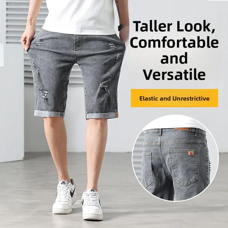 

Trendy Men's Ripped Denim Shorts Casual Loose Large Size Straight Leg Five-Quarter Pants Summer Thin Business Casual Style