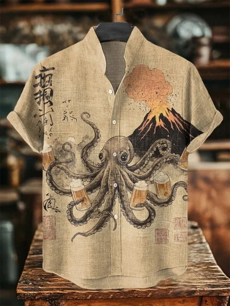 

Men's Vintage Style Blouse Retro Drunk Octopus Art Print Short Sleeve Button Stand Collar Shirt Holiday Summer 2025 Fashion Tops