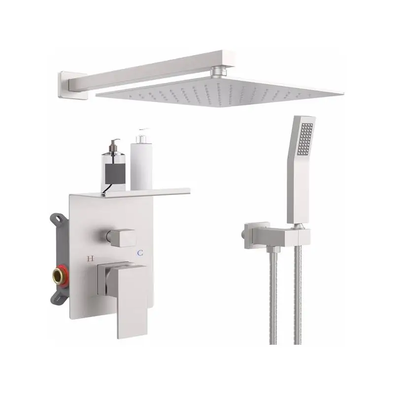 نظام دش مطري فاخر مع رف تخزين، مجموعة صنبور دش عالي الضغط باللون الأسود غير اللامع مقاس 10 بوصات، رأس دش مربع، جدار