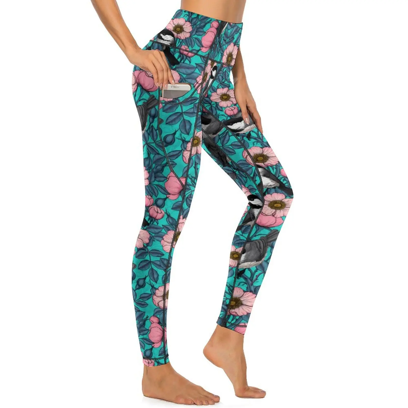 

Birds Flower Print Yoga Pants Sexy Pink And Blue Rose Leggings Push Up Fitness Gym Leggins Female Fashion Elastic Sports Tights