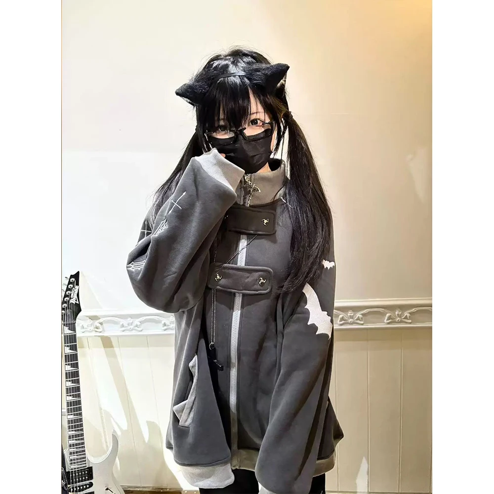 Y2K Gothic Zip Up Hoodie Women Bat Contrast Color Stand Collar Sweatshirt Dark Alt Streetwear Oversized Punk Aesthetic Jacket