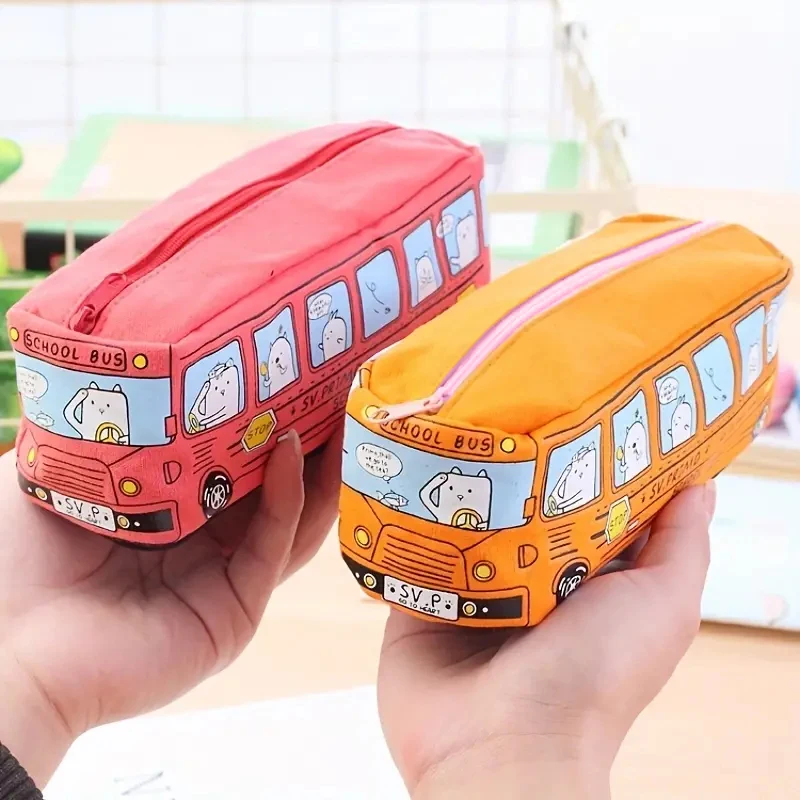 Cartoon Bus Pencil Bag Canvas Large Capacity  Knitting Needles Case Crochet Hooks Storage Bag Sewing Tool Pencil Case