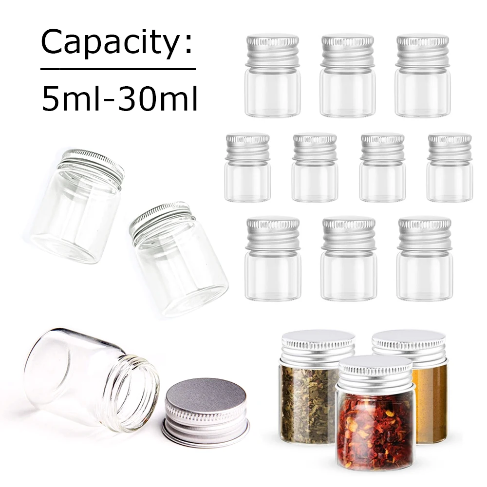 5/10pcs Glass Bottles with Aluminum Lids5-25/30ml Empty Sample Jars,Mini Seal Containers for Spices,Essential Oils Storage Vials