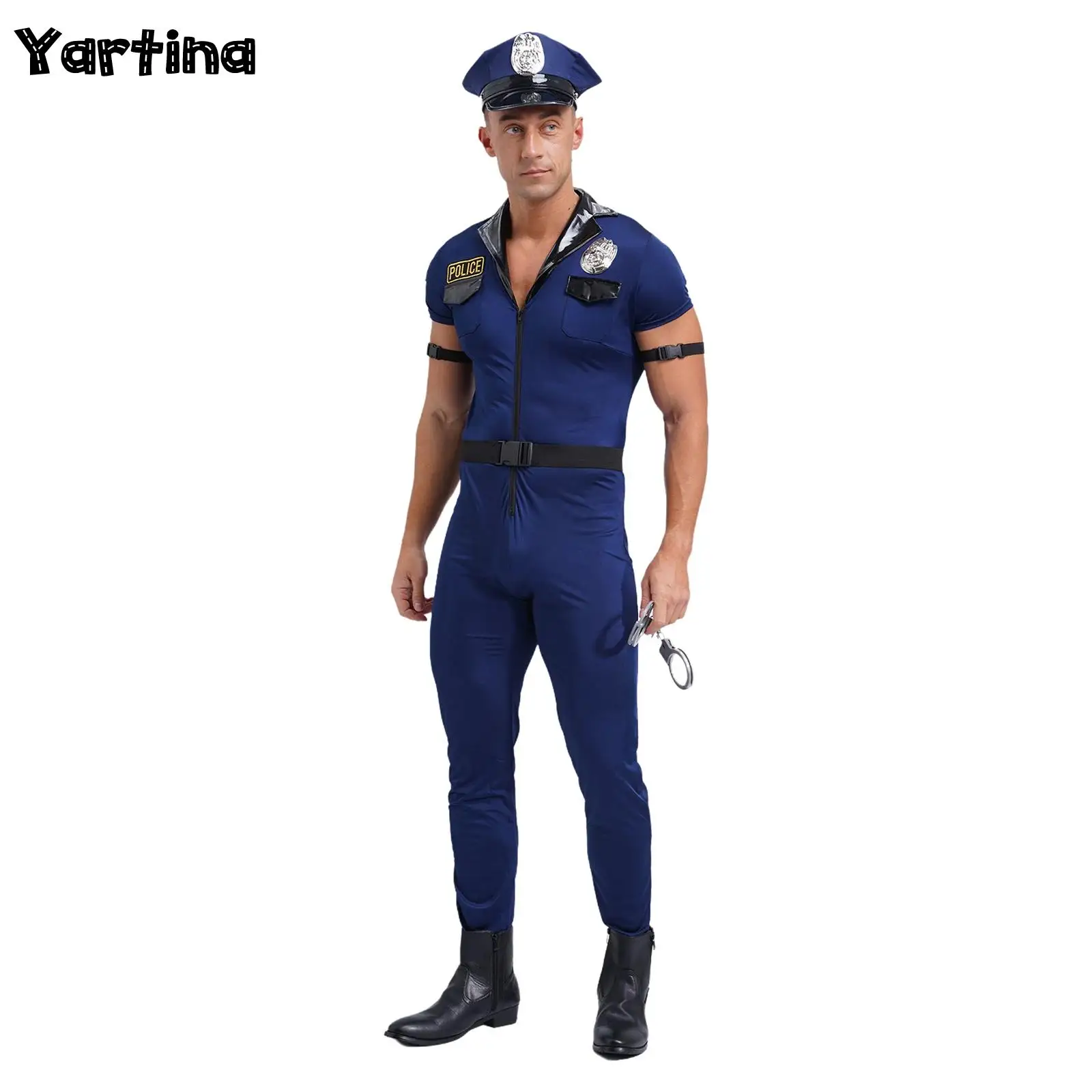 Mens Dirty Cop Officer Drillmaster Policemen Uniforms Police Cosplay Costumes Front Zipper Jumpsuit Hat Belt Manacles Badge